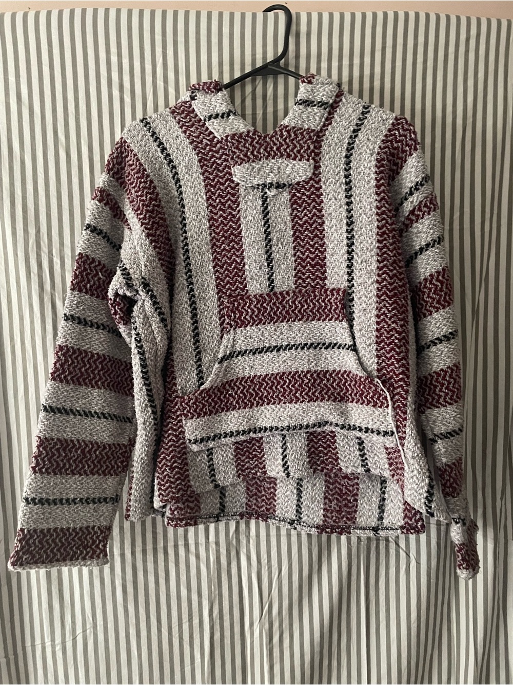 Striped Hooded Knit Baja Sweater - Burgundy & Cream